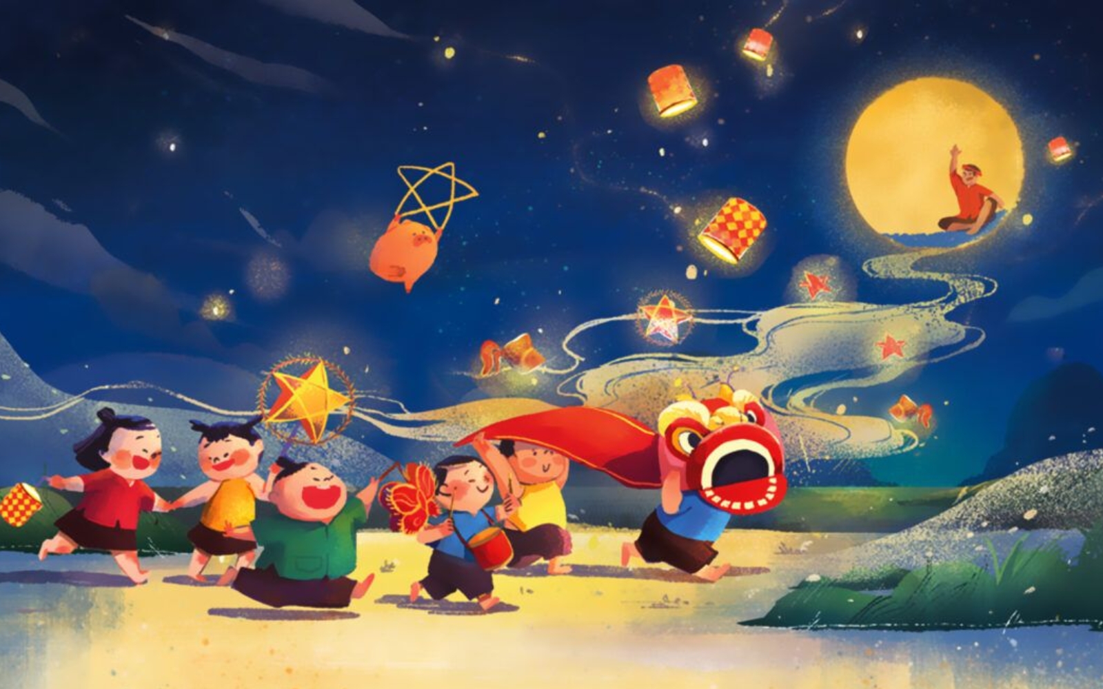 Illustration of Chu Cuoi sitting under the magical banyan tree on the moon, a popular folktale told to children during Mid-autumn Festival in Vietnam.