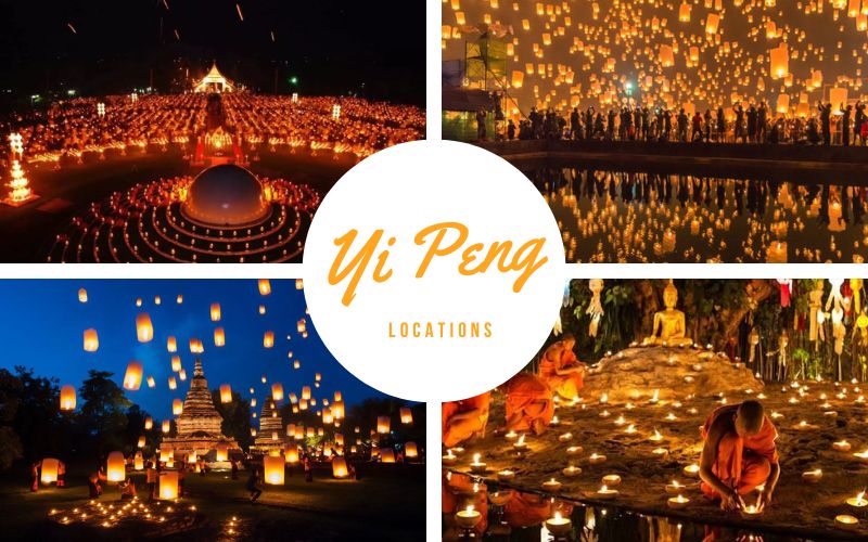 Collage of Yi Peng Festival in Chiang Mai, Thailand showing thousands of lanterns lighting up the night sky and festival scenes with the Yi Peng logo in the center