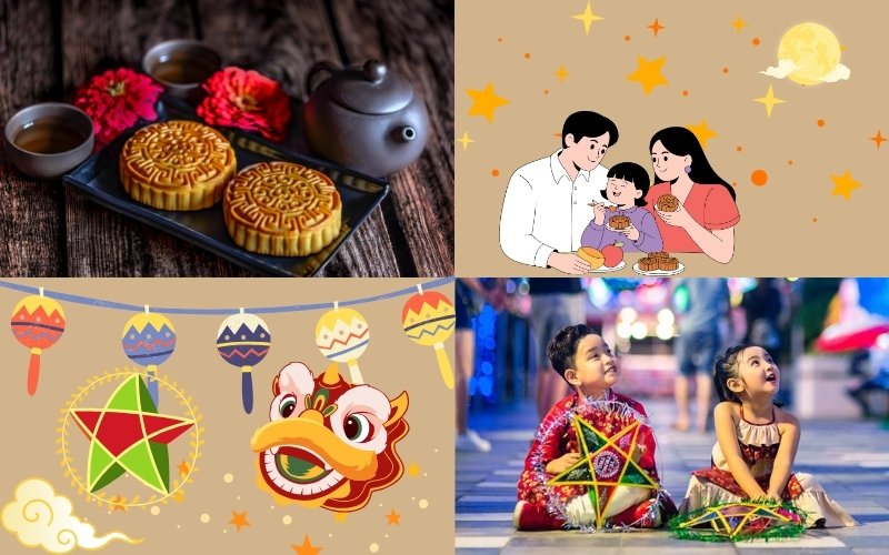 A collage showing Mid-Autumn Festival celebrations in Vietnam, featuring mooncakes with tea, a family enjoying mooncakes under the moon, colorful lanterns and a lion head decoration, and two children in traditional clothing holding star lanterns during a night festival.