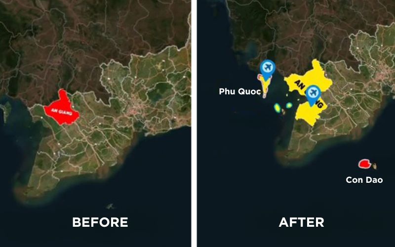 Detailed map of the newly expanded An Giang province, showing Long Xuyen, Chau Doc, and Phu Quoc highlighted.