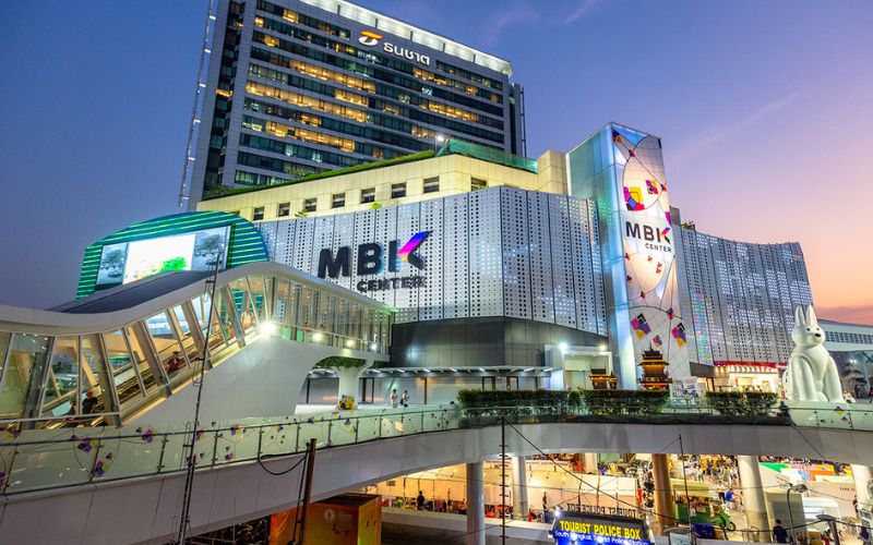 Exterior view of MBK Center in Bangkok, Thailand, a popular shopping mall known for fashion, electronics, and souvenirs