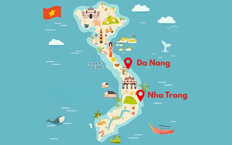 Map of Vietnam highlighting the coastal locations of Da Nang and Nha Trang, showing their relative distance from major cities.