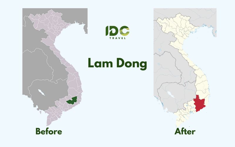 Updated map of Lam Dong, Vietnam, highlighting the provincial boundaries after merging with Dak Nong and Binh Thuan.