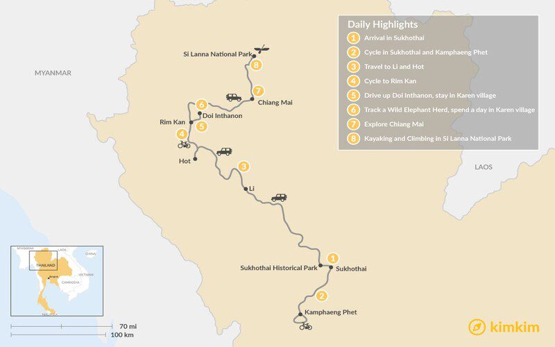 Northern Thailand 8 Days from Sukhothai to Chiang Mai Trip Planner Map