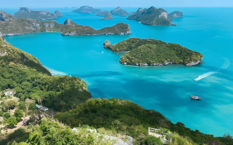 Aerial view of Mu Ko Ang Thong National Marine Park with emerald waters and limestone islands in the Gulf of Thailand.