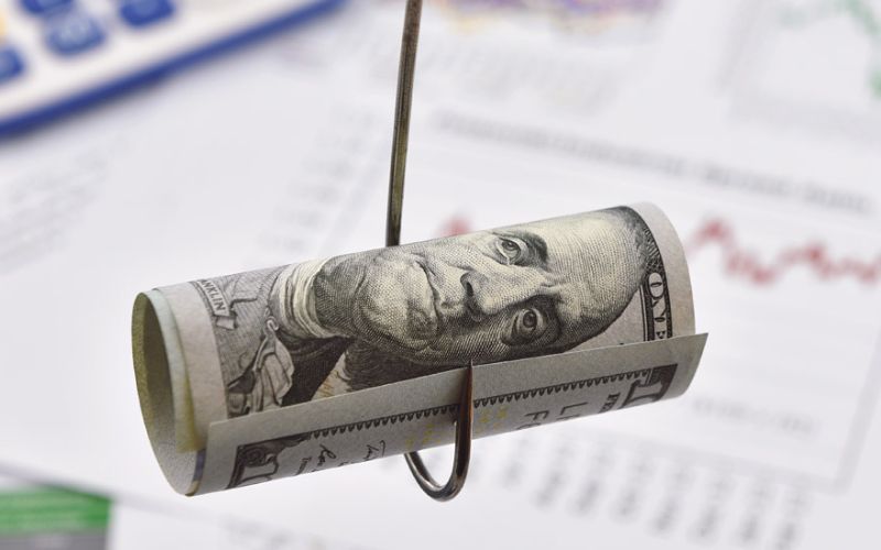 Rolled U.S. 100 dollar bill caught on a fishhook, symbolizing financial scams, investment traps, or phishing in the context of money