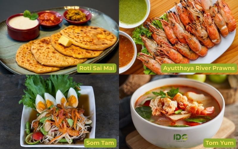 A food collage displaying four labeled local delicacies: flatbread labeled as Roti Sai Mai, a platter of grilled Ayutthaya River Prawns with spicy dipping sauces, a plate of Som Tam with salted egg, and a bowl of Tom Yum soup.