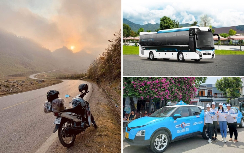 Different transportation options in Lam Dong, including motorbikes, taxis, and buses, for exploring cities and countryside.