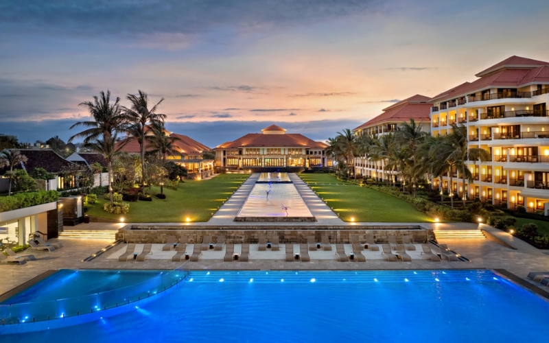 Aerial view of luxury beachfront hotels along My Khe Beach in Da Nang, Vietnam