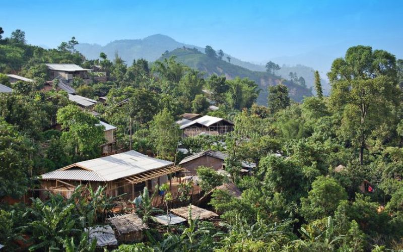 Scenic hill tribe village in Northern Thailand surrounded by lush greenery and mountain views.
