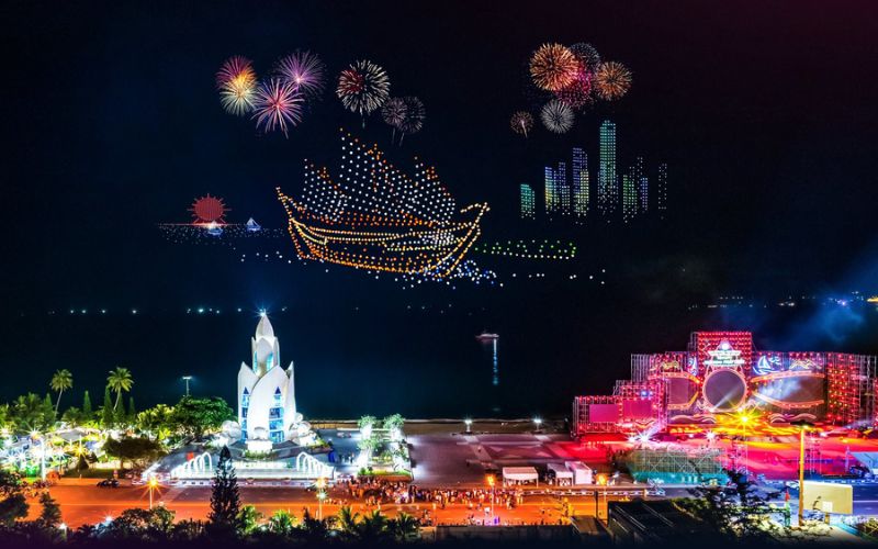 Colorful fireworks and night performances at Nha Trang Sea Festival, Khanh Hoa, Vietnam