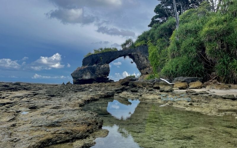 The natural rock formation, locally known as Howrah Bridge, on Neil Island (Shaheed Dweep). The arch is framed by lush greenery above, with a rocky intertidal zone and a clear tidal pool reflecting the arch in the foreground.