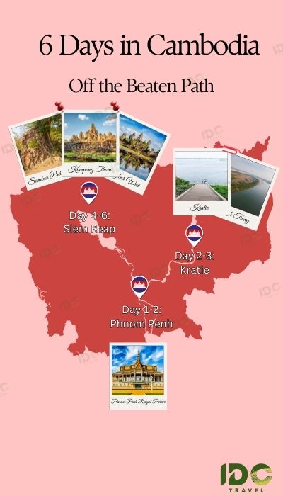 Pink illustrated map of Cambodia showing an off-the-beaten-path 6-day itinerary by IDC Travel, with Phnom Penh on days 1–2, Kratie on days 2–3, and Siem Reap on days 4–6, decorated with postcard-style photos of Sambor Prei Kuk, Kampong Chhnang, Koh Trong, and the Royal Palace.