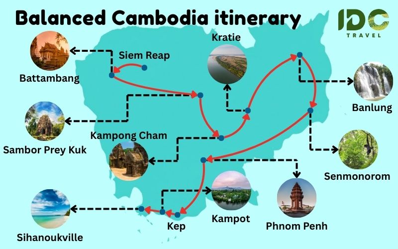 Map of Cambodia showing a balanced itinerary including Siem Reap, Battambang, Kampong Cham, Kratie, Banlung, Senmonorom, Phnom Penh, Kampot, Kep, and Sihanoukville.