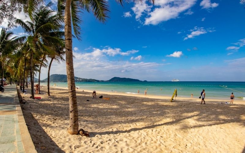 A sunny beach scene with a wide stretch of golden sand, numerous people enjoying the sun and water, palm trees lining the left side casting shadows, and a calm turquoise sea with distant hills under a bright blue sky.