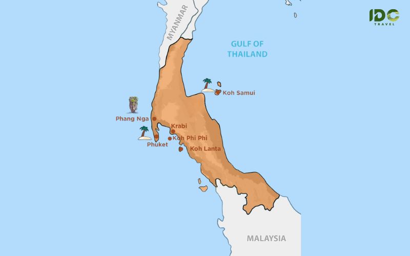 Map showing the locations of Phuket and Krabi in southern Thailand along the Andaman Sea coast