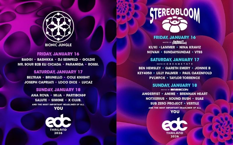 A colorful, vertically split festival poster for EDC Thailand 2026, listing the Bionic Jungle and Stereobloom stage lineups from January 16th to 18th, featuring artists like Nina Kraviz, Ben Hemsley, Loco Dice, Goldie, and Angerfist.