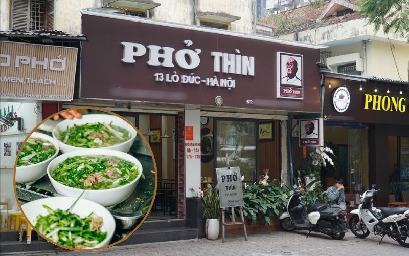 Front view of Pho Thin Lò Đúc in Hanoi with bowls of pho on display, a must-visit spot for authentic northern Vietnamese pho