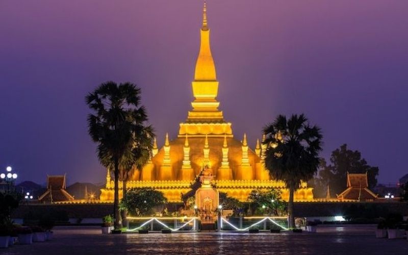 Golden stupa of Pha That Luang illuminated at night in Vientiane, Laos, with palm trees framing the scene.