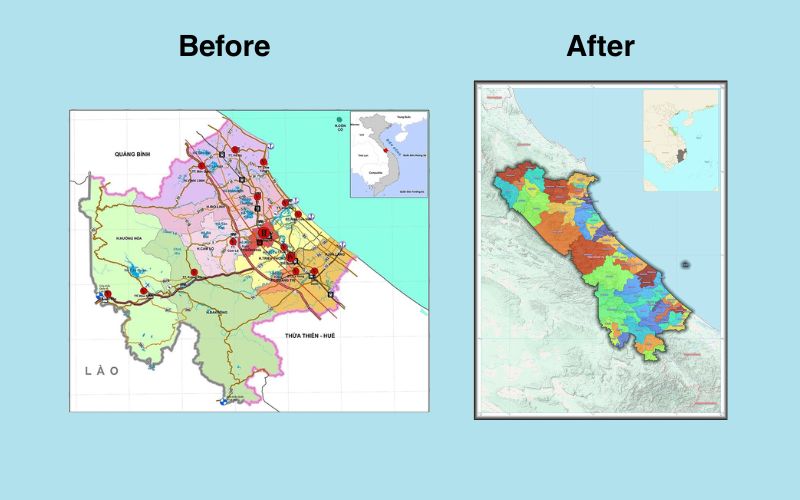 Comparison map of Quang Tri province before and after administrative merger, showing district boundaries and color-coded regions for easier visualization