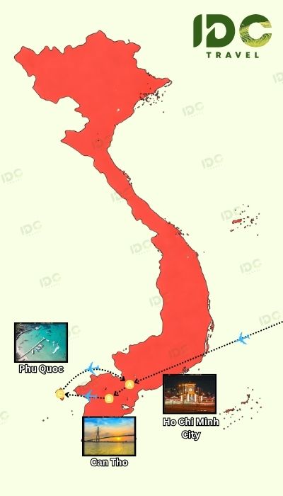 Vietnam travel map focusing on southern destinations including Ho Chi Minh City, Can Tho, Mekong Delta, and Phu Quoc island with travel route connections.