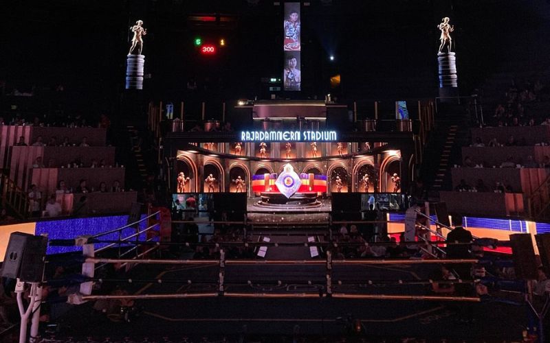 View of a Muay Thai Boxing ring and stage at Rajadamnern Stadium