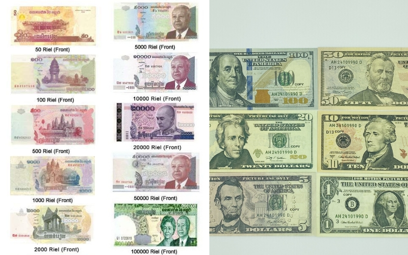 On the left are Cambodian banknotes - Riel with denominations ranging from 50 to 100,000 Riel, featuring images of architectural landmarks and national leaders. On the right are U.S. dollar bills with denominations from 1 to 100 dollars, depicting presidents and other notable historical figures.