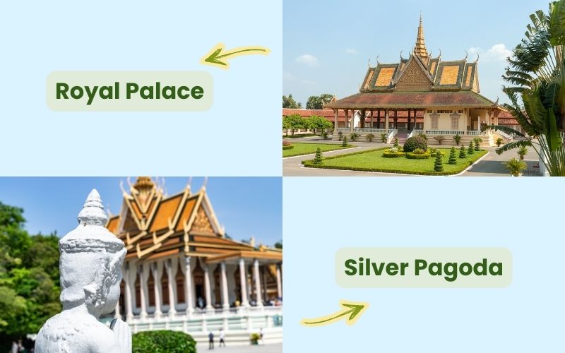 Royal Palace complex and Silver Pagoda in Phnom Penh with traditional Khmer architecture and landscaped gardens