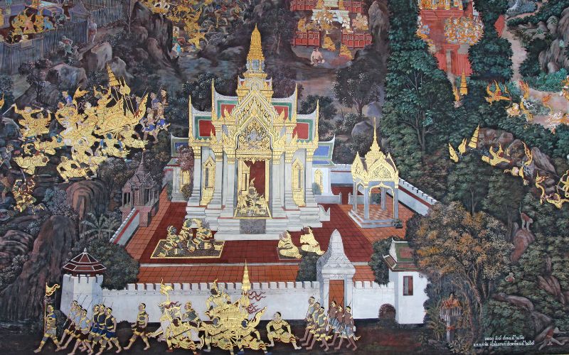 A section of a mural painting from the inner gallery of Wat Phra Kaew, rendered in traditional Thai style, depicting complex narrative scenes from the Ramakien (Ramayana), featuring a detailed golden palace, numerous figures in dynamic poses, and a forest landscape.