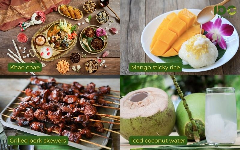 Songkran Festival foods including khao chae, mango sticky rice, grilled pork skewers, and iced coconut water in Thailand