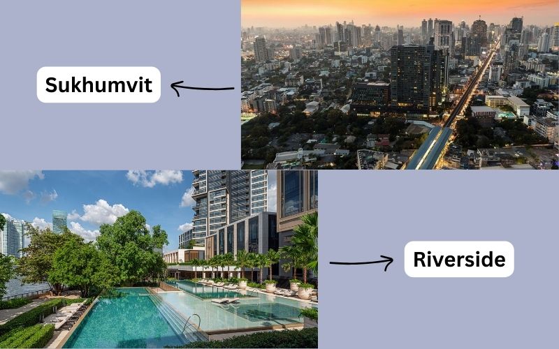 A two-part image contrasting two areas in Thailand. The top image, labeled 'Sukhumvit,' shows an aerial view of a dense, modern Bangkok cityscape at dusk with tall skyscrapers and an elevated train line. The bottom image, labeled 'Riverside,' shows a traditional, rustic wooden waterfront community with houses built on stilts along a calm river at sunrise or sunset, with a golden temple spire visible on the bank.