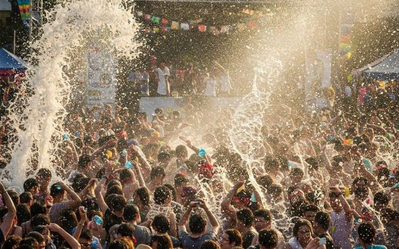 People celebrating Songkran Festival in Thailand with water splashing and street party atmosphere.