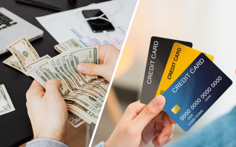 Comparison of using cash versus credit cards for payments, showing hands holding U.S. dollar bills on one side and various credit cards on the other