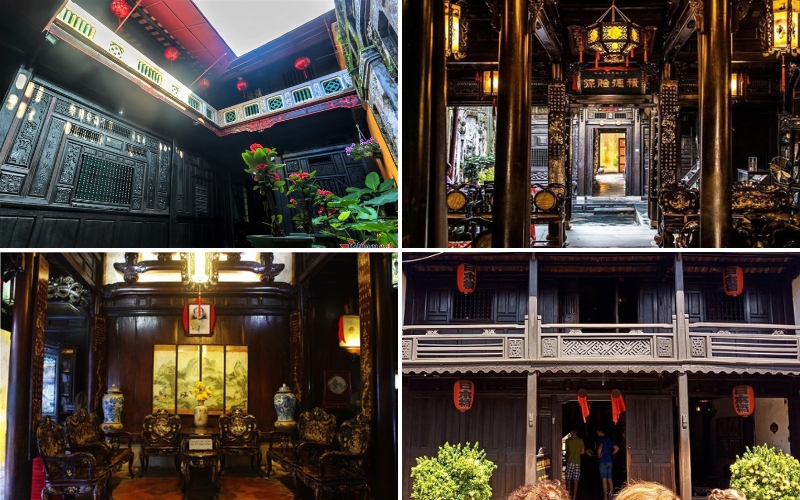 Overviews of some old houses in Hoi An, featuring antique wooden beams, calligraphy panels, and a harmonious blend of Vietnamese, Chinese, and Japanese architectural elements.