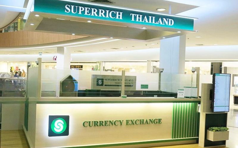 Superrich Thailand currency exchange booth offers competitive foreign exchange rates for tourists and travelers in Thailand
