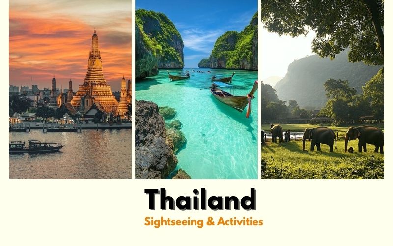 Collage of Thailand sightseeing scenes including temples, beaches, and lush landscapes.