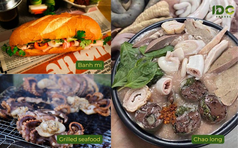 A close-up of various Vietnamese street food snacks on Bui Vien, featuring grilled skewers, colorful rice cakes, and local appetizers served on small plastic plates.