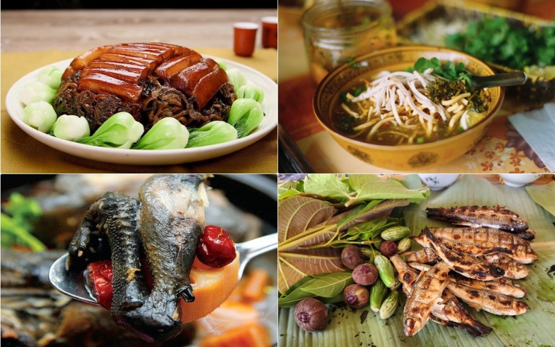 A collage of traditional Sapa dishes including braised pork, rice noodle soup, herbal black chicken stew, and grilled mountain fish served with fresh local vegetables.