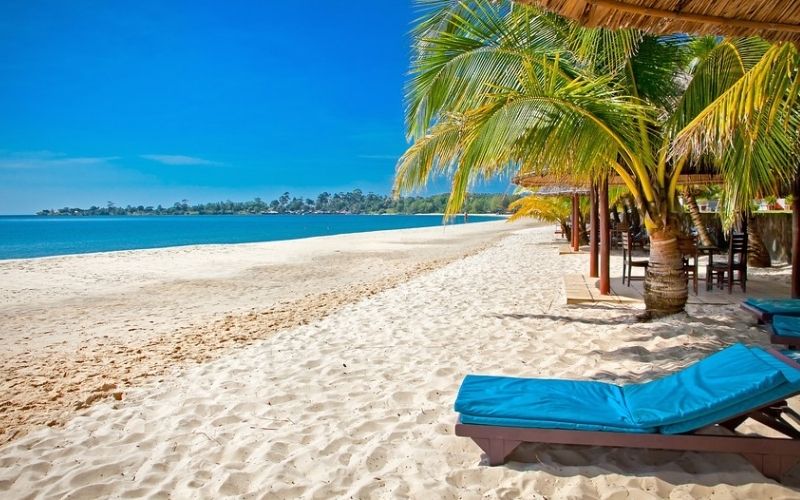 A beautiful tropical beach with white sand, turquoise water, and palm trees providing shade over blue lounge chairs under straw umbrellas.