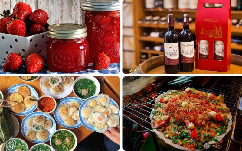 A colorful display of Lam Dong specialties, including strawberry jams, wines, and banh trang nuong,....