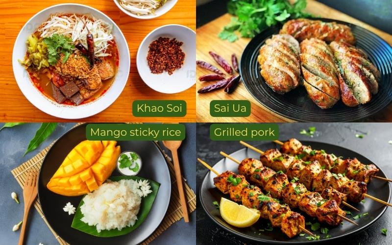 A collage of four popular Thai dishes: Khao Soi noodles (top left), Sai Ua or Northern Thai sausage (top right), Mango Sticky Rice (bottom left), and Grilled Pork skewers (bottom right), highlighting the diverse and delicious regional cuisine.