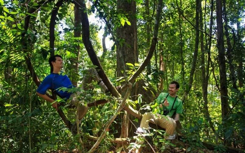 Two men sit and rest on large tree vines in a lush tropical forest, with sunlight filtering through the dense canopy.