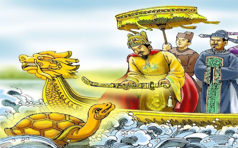 Alt Text: An illustration depicting the Vietnamese legend of Hoan Kiem Lake, showing King Le Loi on a dragon boat returning a golden magic sword to a giant golden turtle emerging from the water.