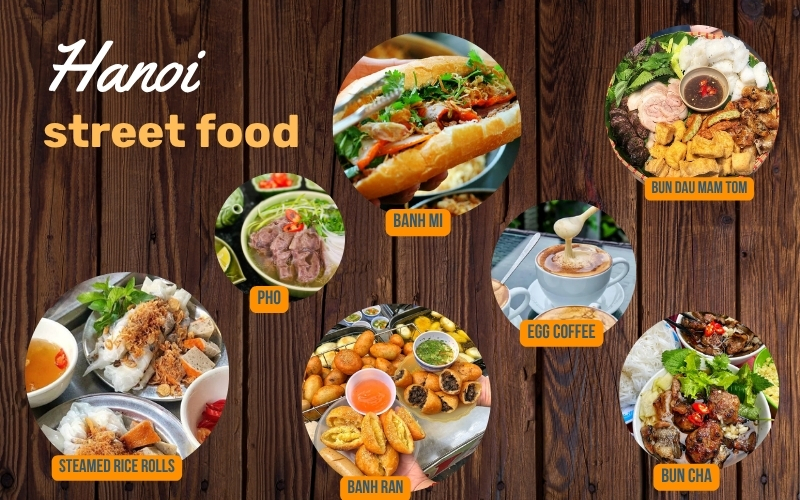 A colorful display of Hanoi’s most iconic street foods, including banh mi, pho, bun cha,.... Captured right in the heart of the Old Quarter, the scene reflects the vibrant street culture where flavors, aromas, and tradition come together on every corner.