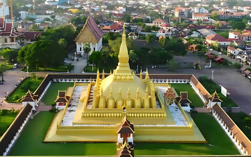 Aerial view of That Luang Stupa, the golden Buddhist monument and national symbol in Vientiane, Laos.