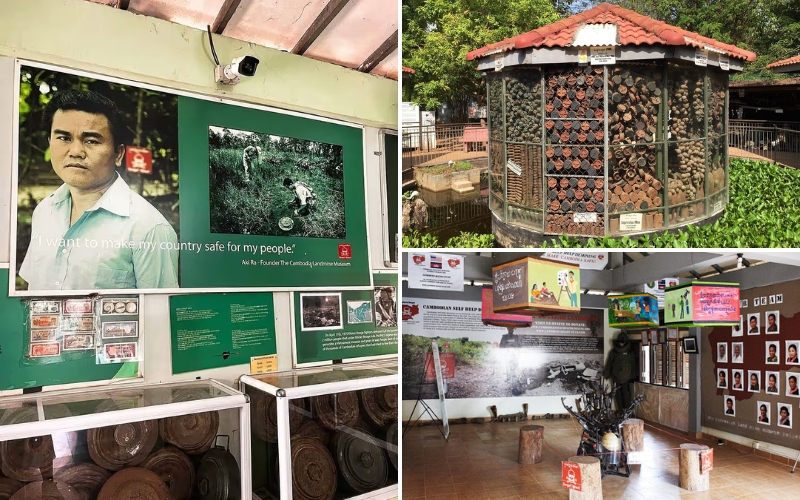 The museum displays a wide variety of bombs, mines, and weapons found throughout Cambodia after the war