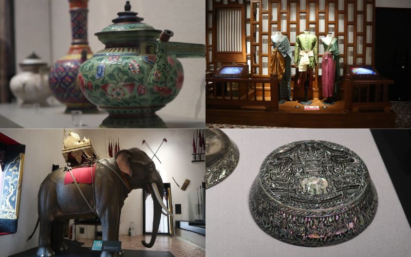 A collage of four images from the Decorative Arts and Ethnology Galleries at the Bangkok National Museum, showcasing floral porcelain teapots, traditional Thai silk costumes, a life-sized elephant statue with a royal howdah, and an intricate mother-of-pearl inlay lacquerware bowl.