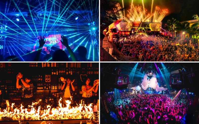 A collage showing Phuket’s nightlife highlights, including neon-lit Bangla Road, crowded dance floors in top nightclubs, and lively beach parties under the stars.