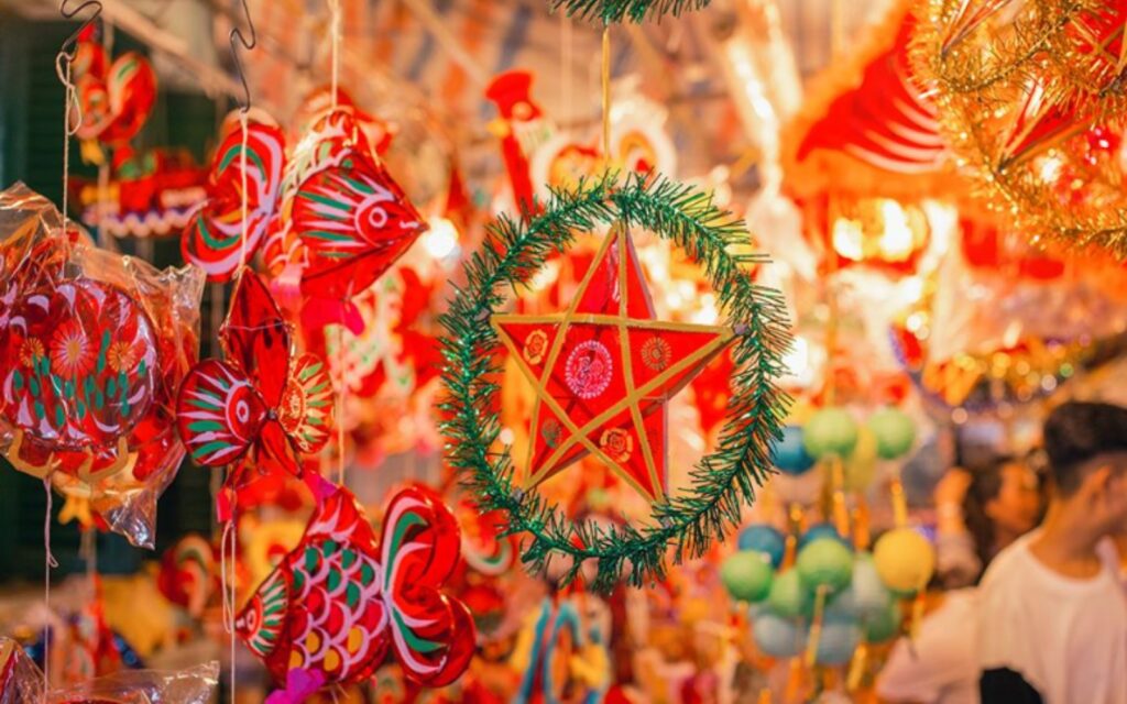 Brightly colored star lanterns made from bamboo and paper, the most iconic symbol of Mid-autumn Festival in Vietnam.