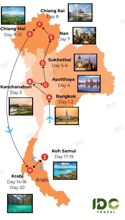 An illustrated map showing a suggested 20-day itinerary for exploring Thailand, featuring key stops including Bangkok, Ayutthaya, Chiang Mai, Krabi, and Koh Samui, with travel routes indicated by plane and dotted lines.